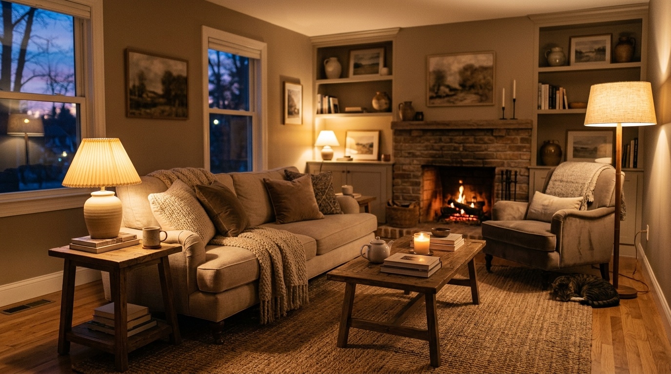 Cozy living room illuminated by warm white lamps and soft ambient lighting