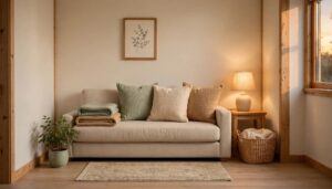 Small living room with a sofa, warm lamp, woven basket, plant, and rug