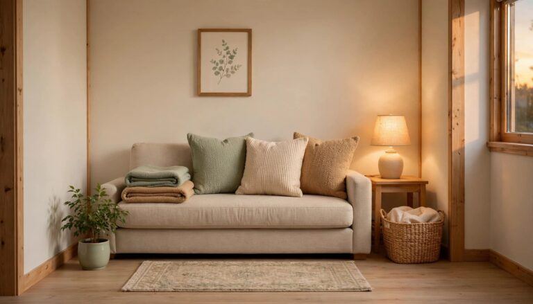 Small living room with a sofa, warm lamp, woven basket, plant, and rug