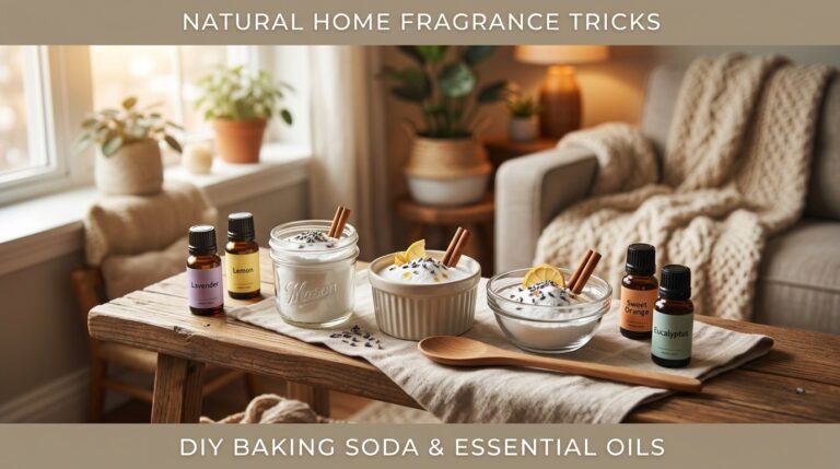 Small glass jars filled with baking soda and essential oils surrounded by scent ingredients on a warm wooden coffee table.