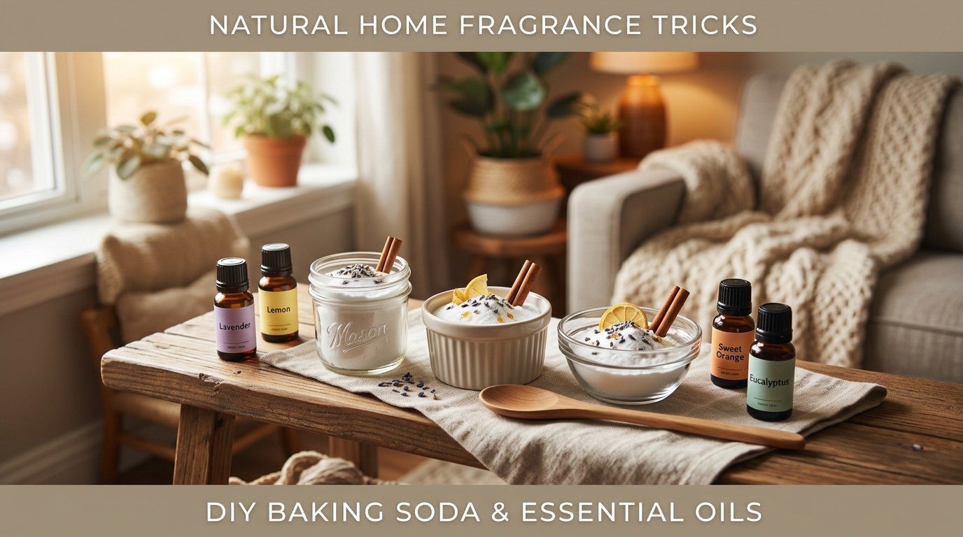 Small glass jars filled with baking soda and essential oils surrounded by scent ingredients on a warm wooden coffee table.