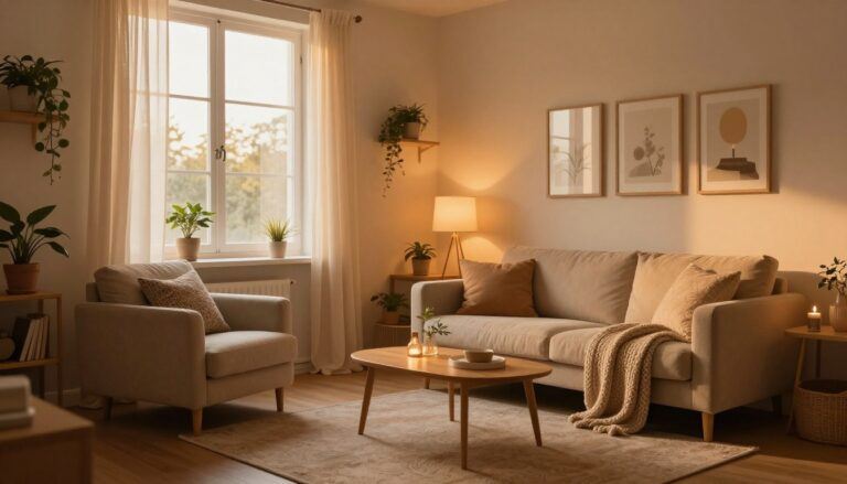 Cozy rental living room with a throw-covered chair, plants, layered rugs, and warm lamps.
