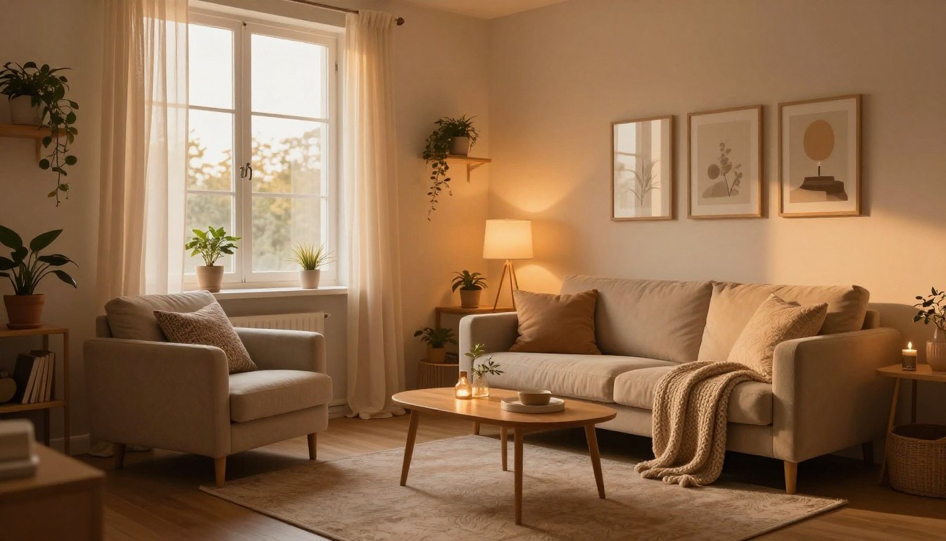 Cozy rental living room with a throw-covered chair, plants, layered rugs, and warm lamps.
