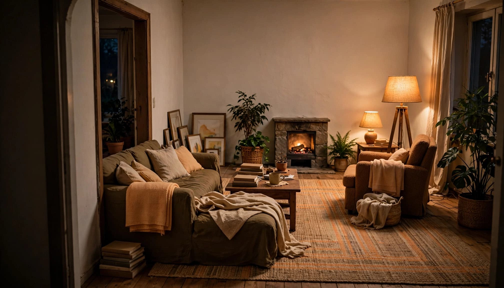 A warmly lit rental living room with freestanding seating, plants, lamps, and a small fireplace.
