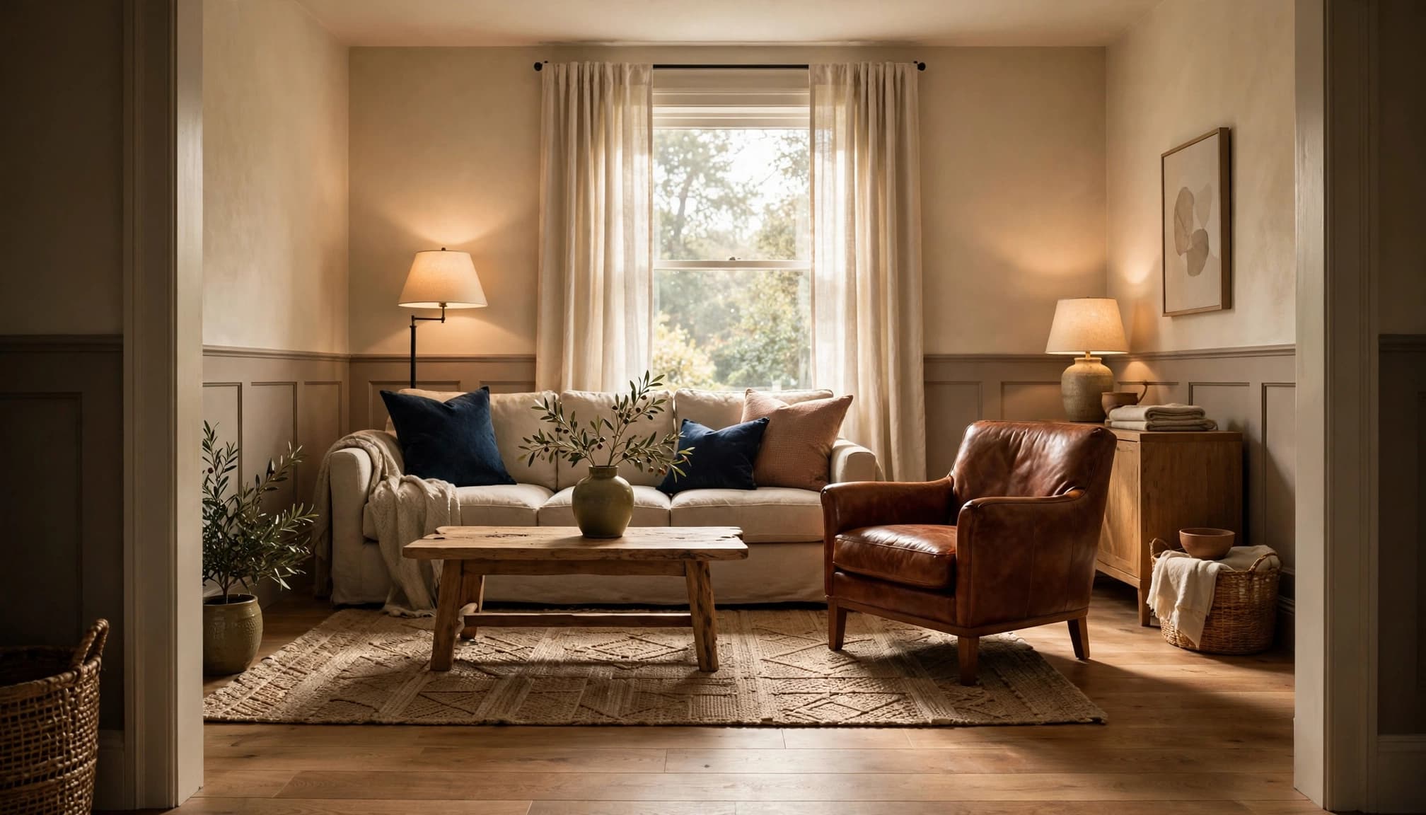 A cozy living room with a beige sofa, colorful pillows, leather chair, rug, and soft daylight.